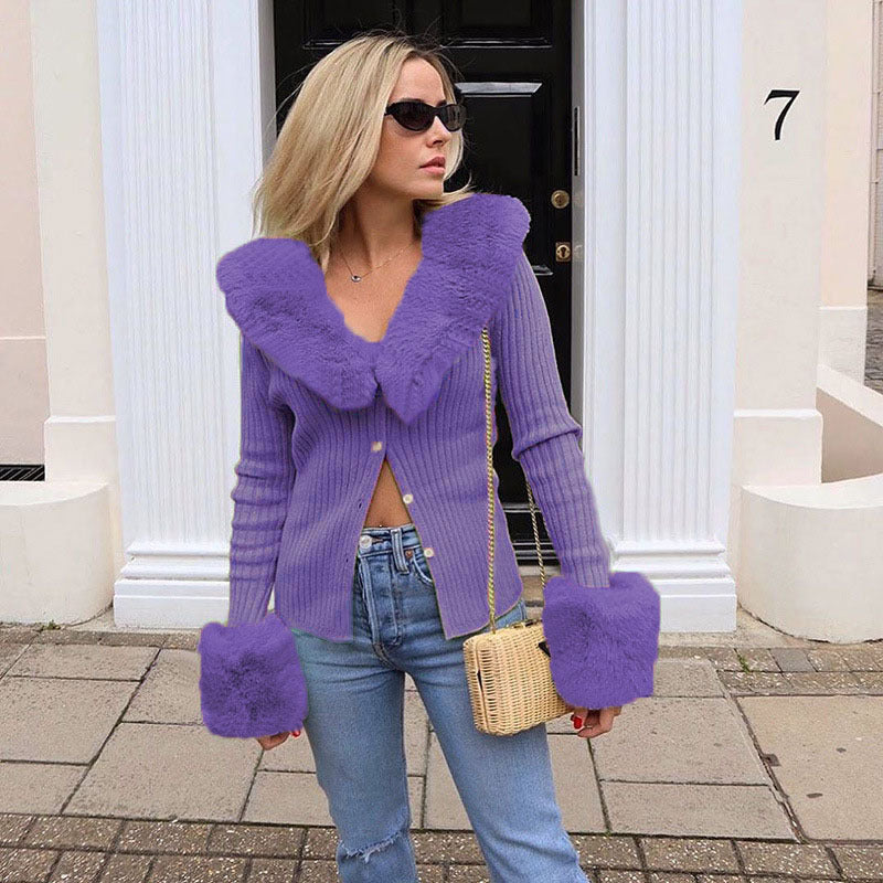 Cute & Chic Long Sleeve Fur Coat Purple front view