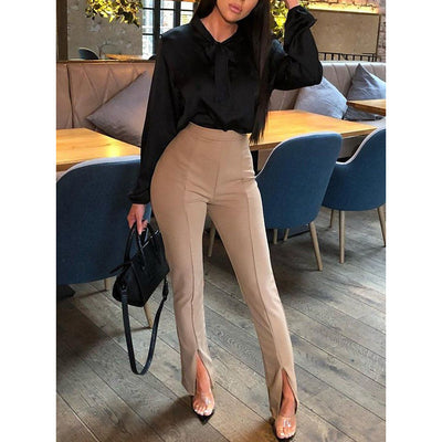 Elegant Front Split Trousers Khaki