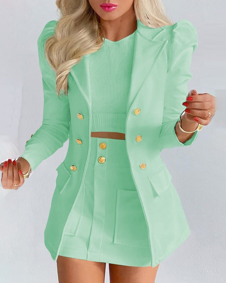 Elegant Two Piece Suit, Light Green, Jacket, Short Skirt, Long Sleeve, Lapels, Collar, Buttons.