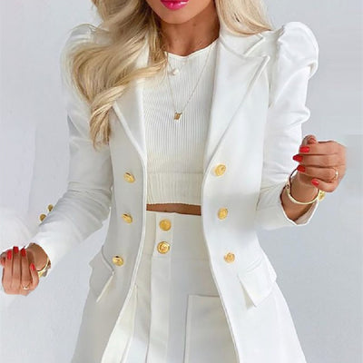 Elegant Two Piece Suit, White, Jacket, Short Skirt, Long Sleeve, Lapels, Collar, Buttons.