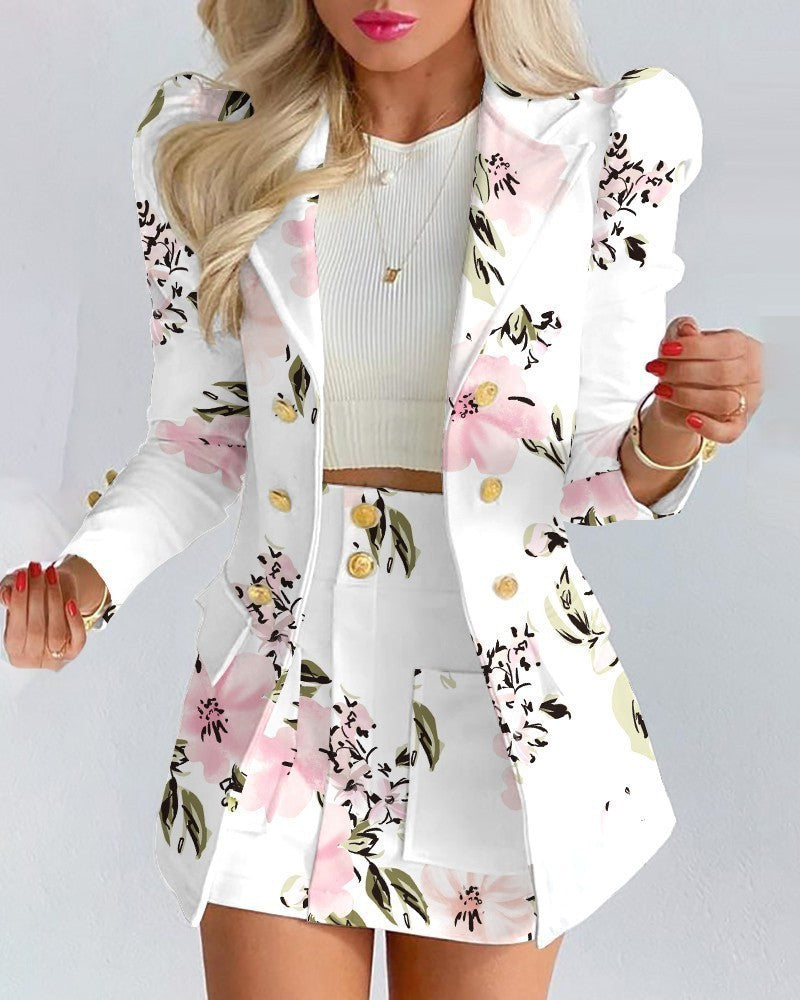 Elegant Two Piece Suit, White Floral, Jacket, Short Skirt, Long Sleeve, Lapels, Collar, Buttons.