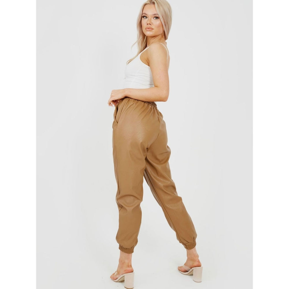 Stylish Ladies Faux Leather Light Brown Trousers, Drawstring, Inelastic, rear view