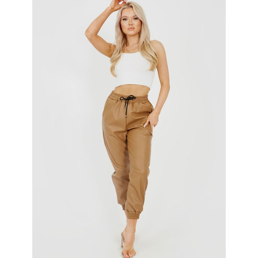 Stylish Ladies Faux Leather Light Brown Trousers, Drawstring, Inelastic