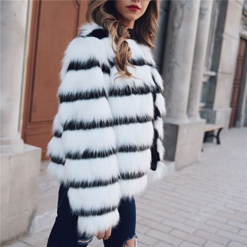 Super Chic Black & White Striped Fur Coat