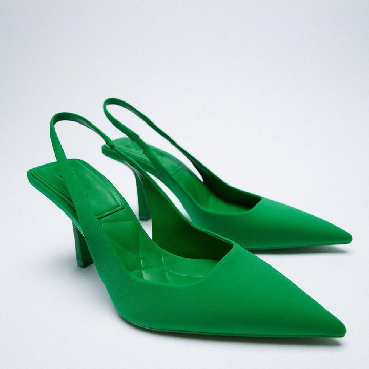 High Heel Pointed Toe Stilettos Green, Suede, Pointed, front side view.