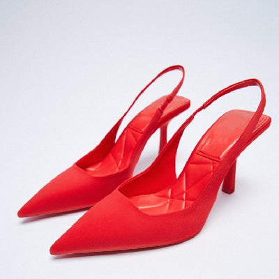 High Heel Pointed Toe Stilettos Red, Suede, Pointed, front side view.