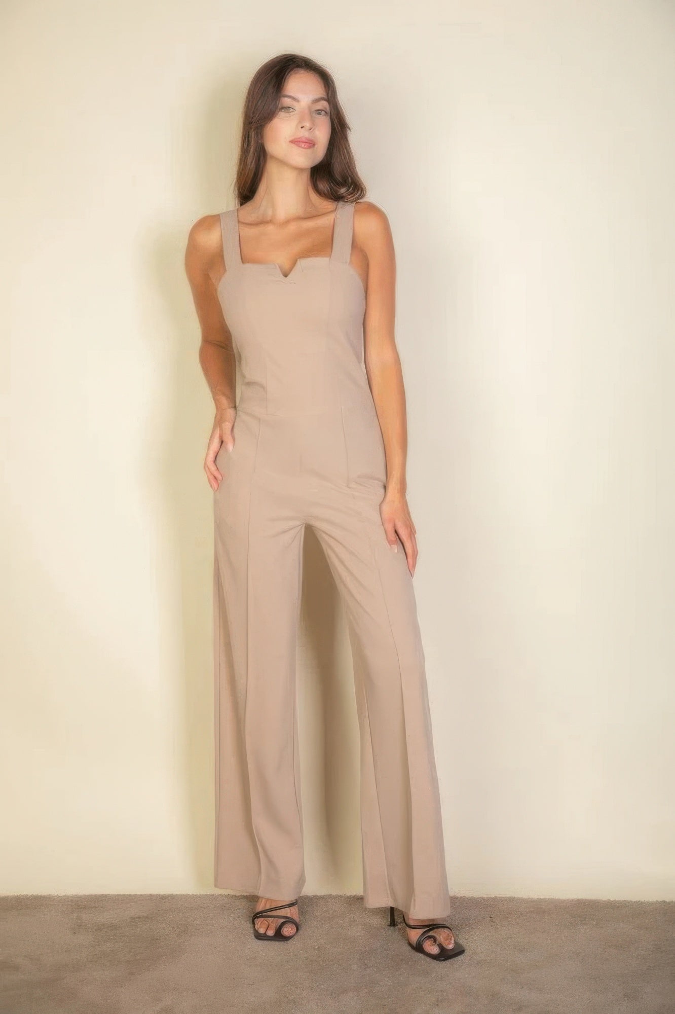 Khaki Notched Neck Cami Jumpsuit front view