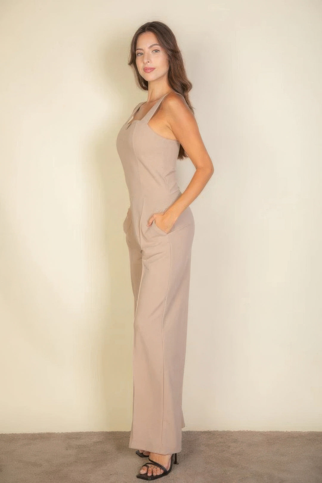 Khaki Notched Neck Cami Jumpsuit side view.