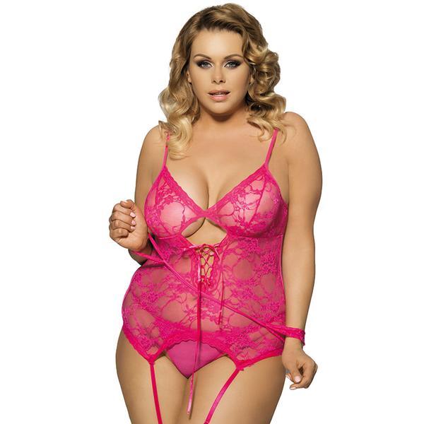 Lace Lingerie with Handcuffs, Pink, Plus Size, See Through, Spaghetti Straps.