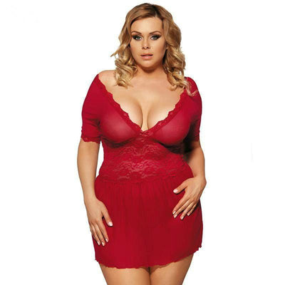 Lace See Through Lingerie Dress & G-String, Red, Deep V Front Cut, Lace Detail.