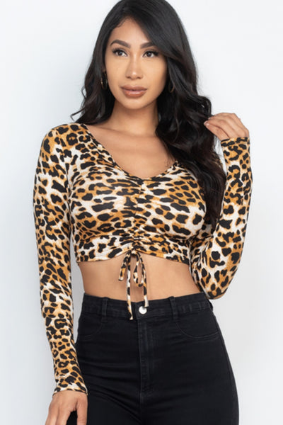 Leopard Print Crop Top, Long Sleeve, Low Cut, Runched, front view close up.