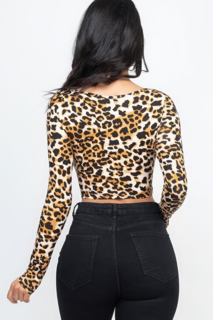 Leopard Print Crop Top, Long Sleeve, Low Cut, Runched, rear view.