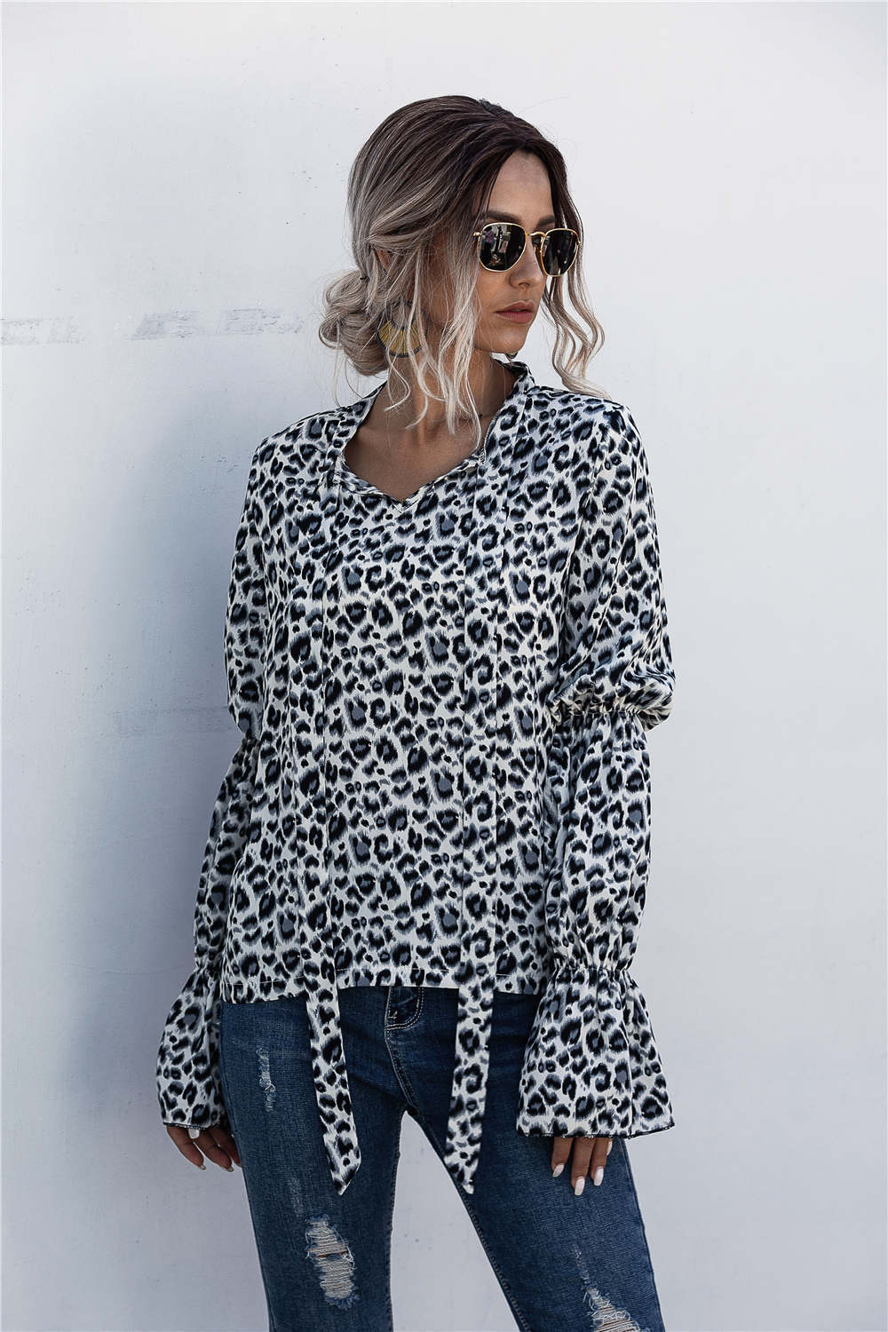 Leopard Print Lantern Sleeve Blouse White front view