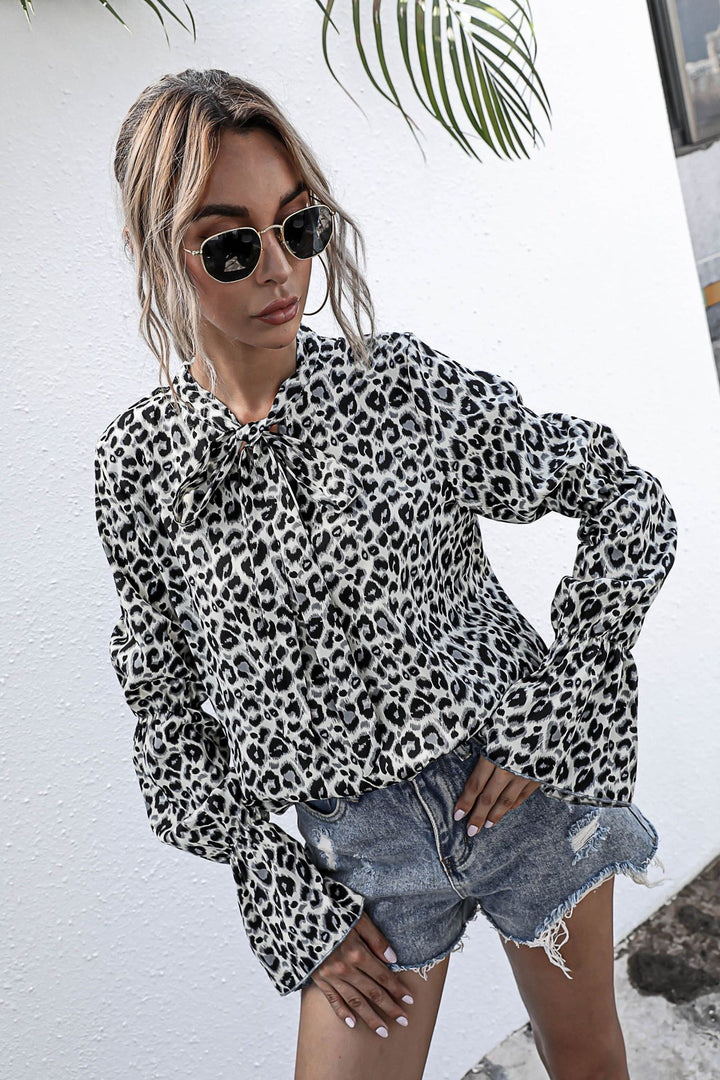 Leopard Print Lantern Sleeve Blouse White front side view
