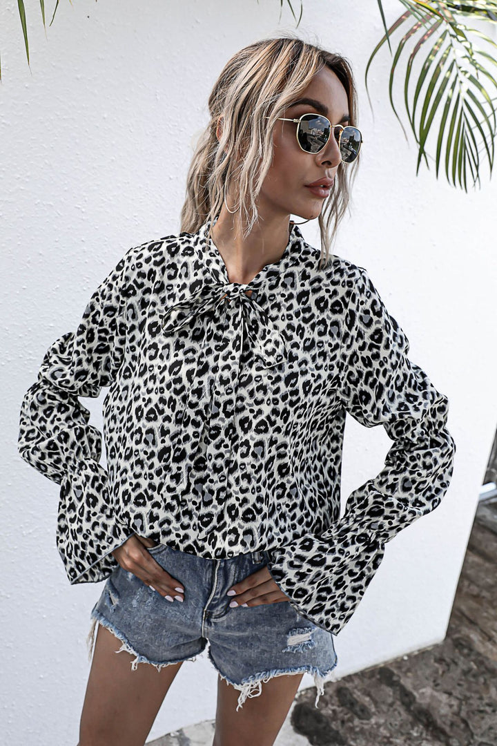 Leopard Print Lantern Sleeve Blouse White front side view