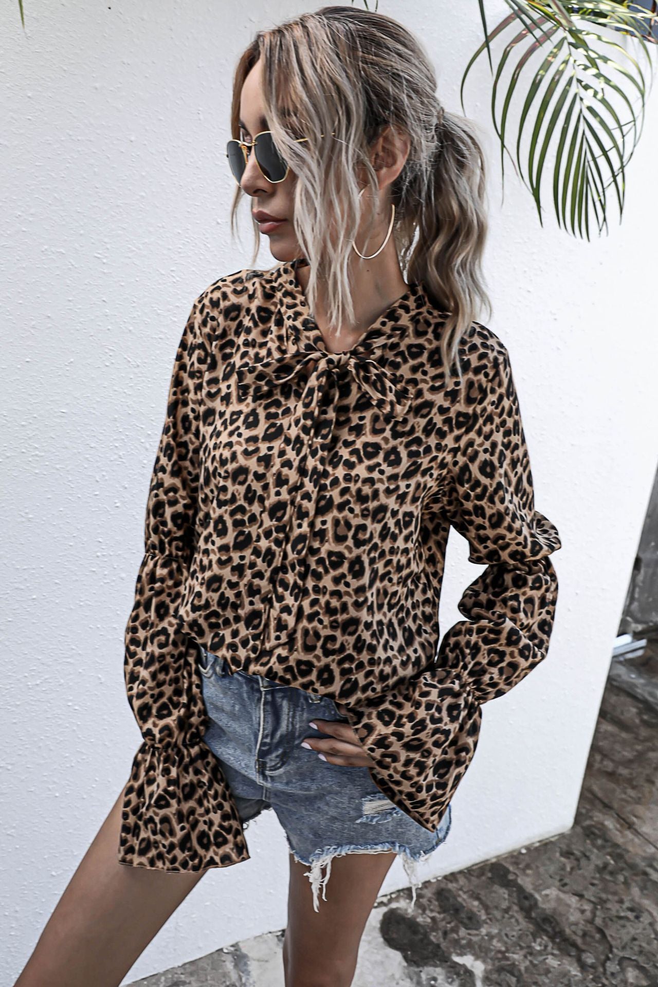 Leopard Print Lantern Sleeve Blouse Yellow front view