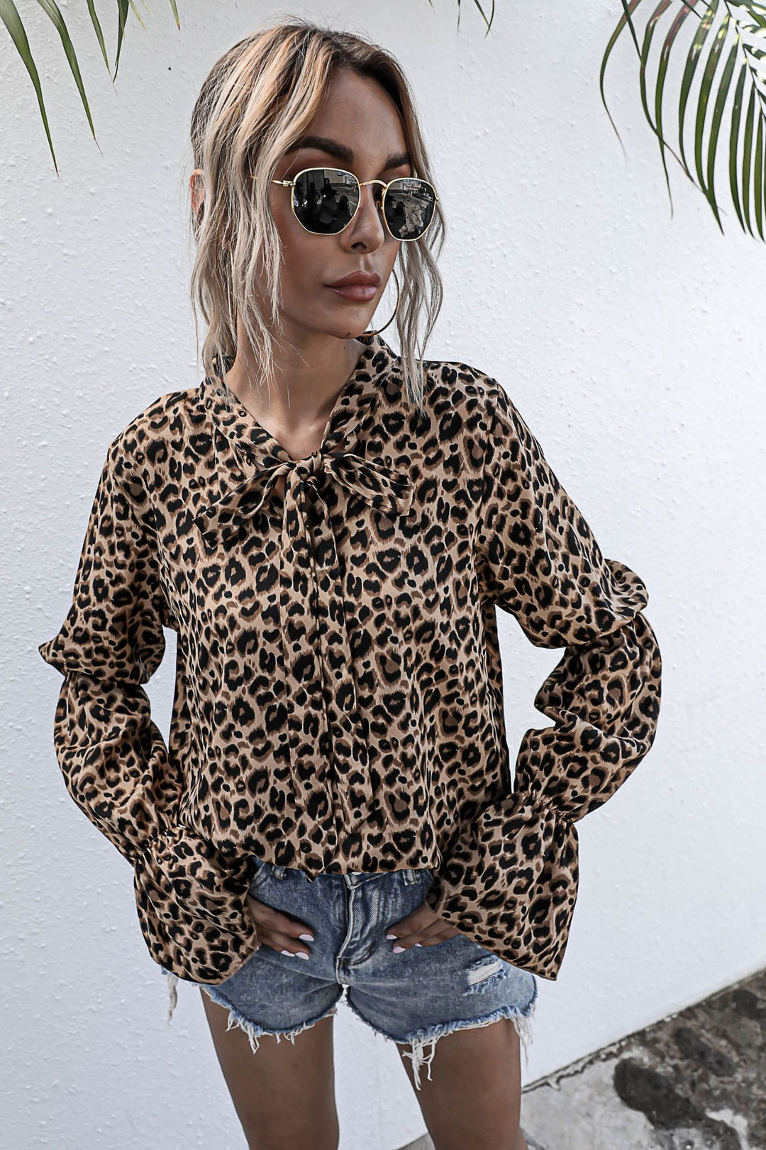Leopard Print Lantern Sleeve Blouse Yellow front side view