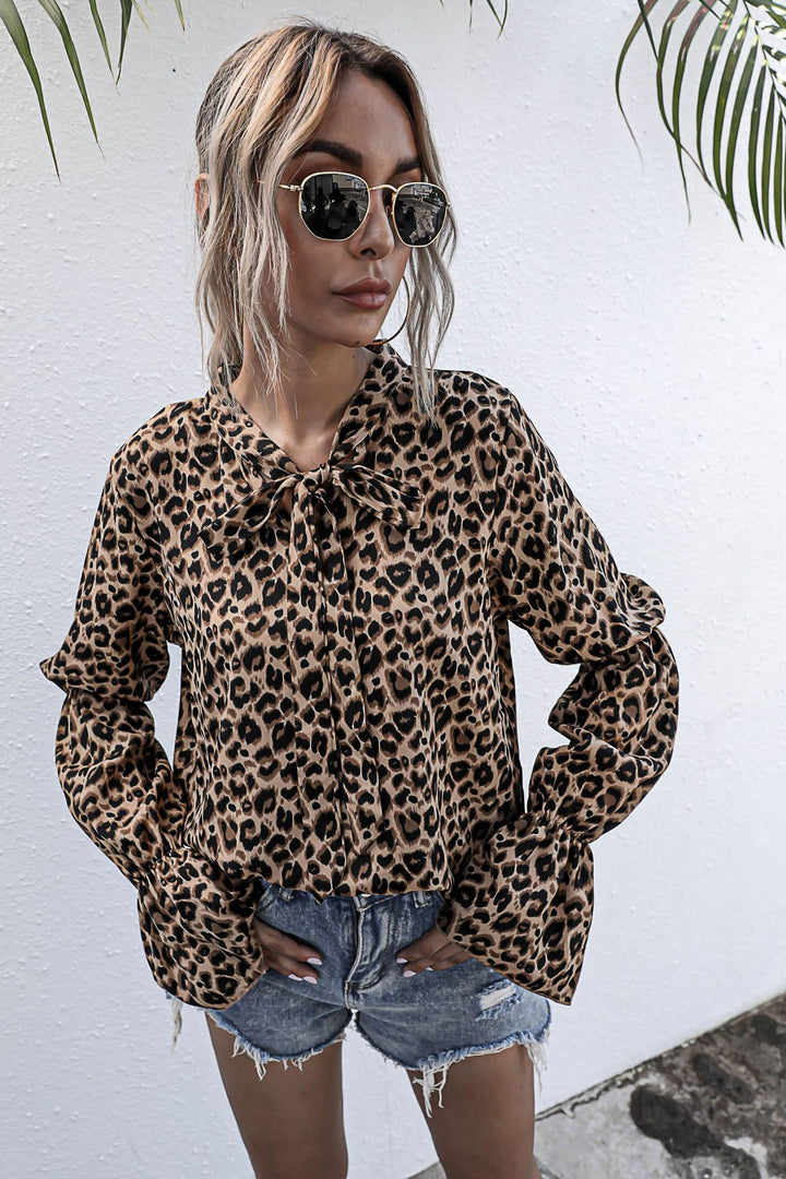 Leopard Print Lantern Sleeve Blouse Yellow front side view