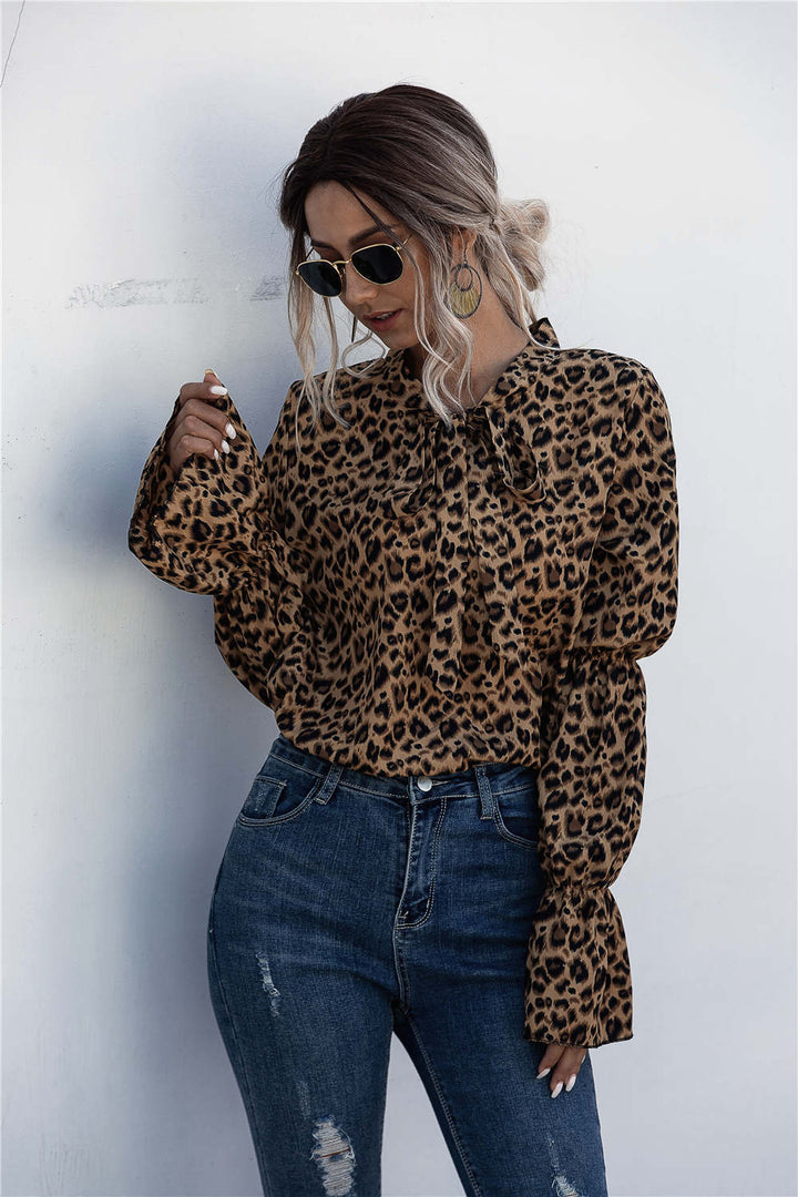 Leopard Print Lantern Sleeve Blouse Yellow front view 2