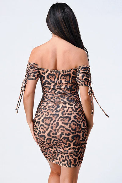 Leopard Print Off Shoulder Shirring Bodycon Dress, Short Sleeve, rear view.