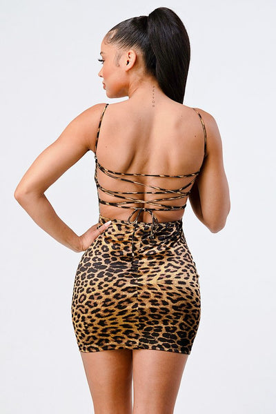 Leopard Print Satin Mini Dress, Sleeveless, Spaghetti Straps, rear view.