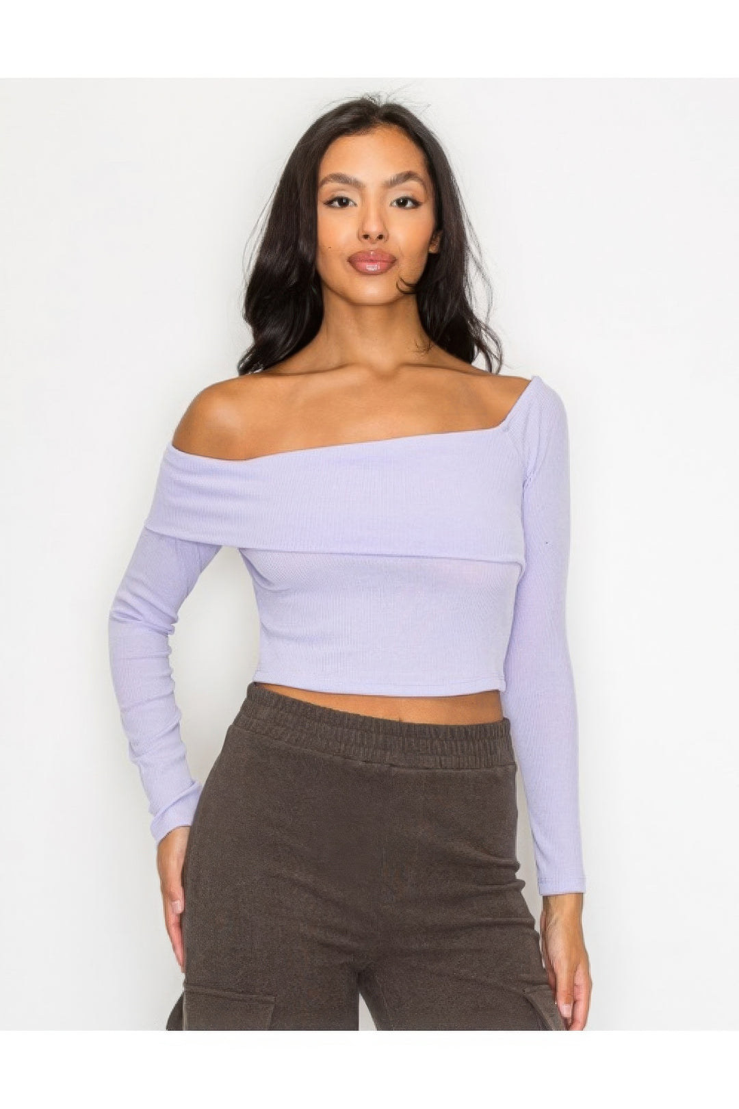 Lilac Ribbed Long Sleeve Crop Top, front view.