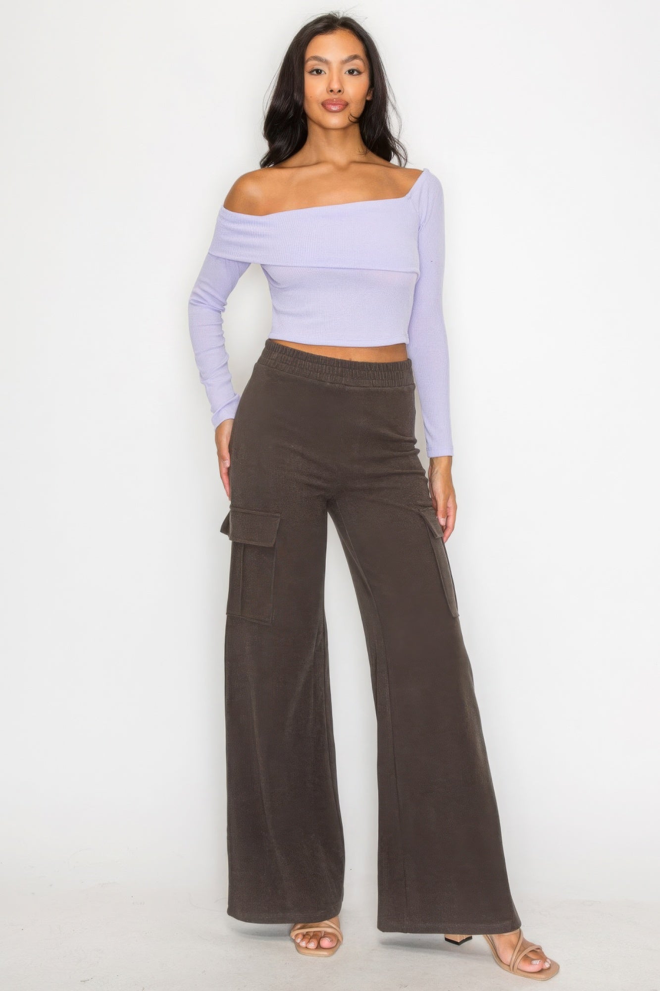 Lilac Ribbed Long Sleeve Crop Top, front view.