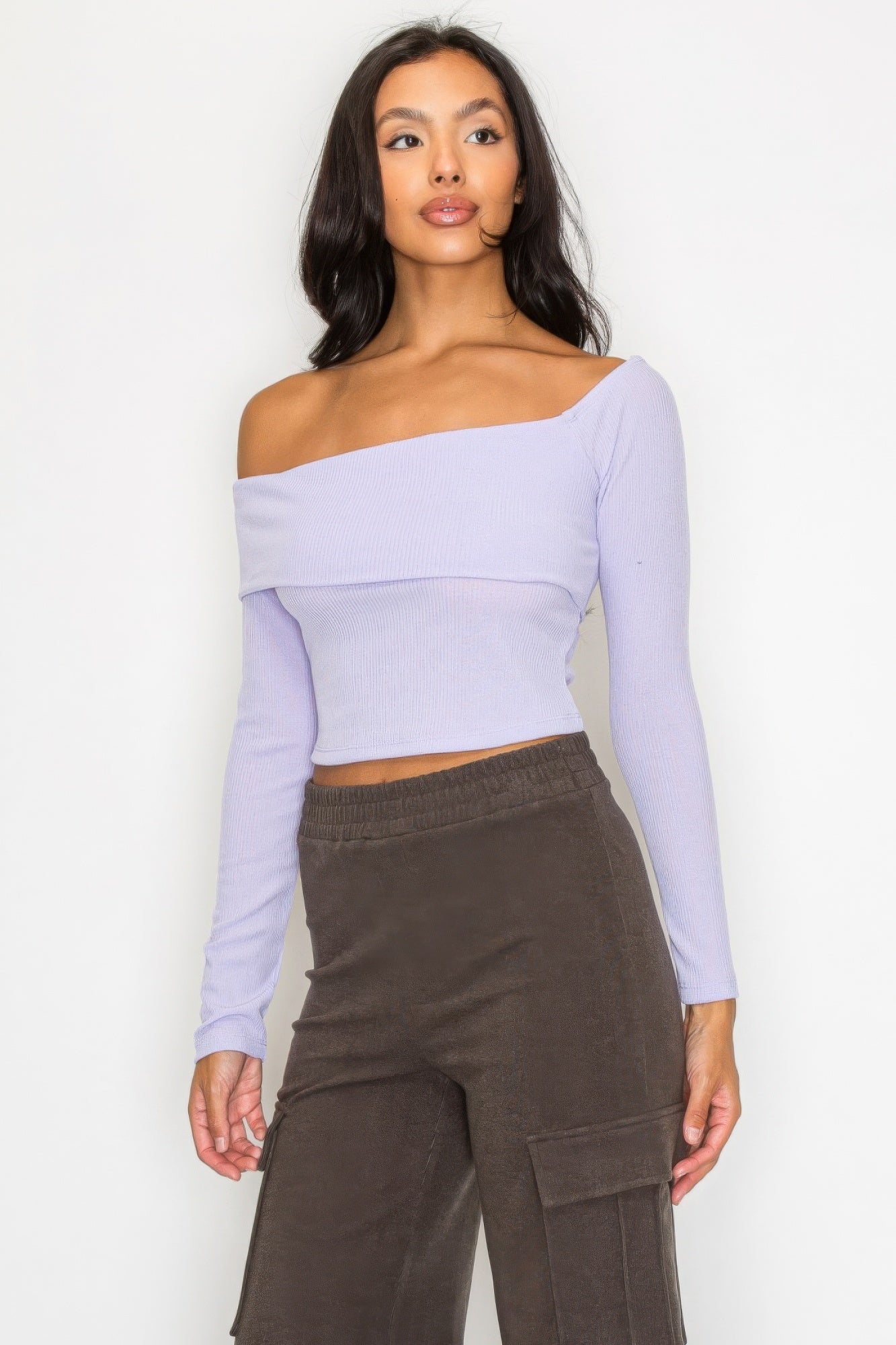 Lilac Ribbed Long Sleeve Crop Top, front view.