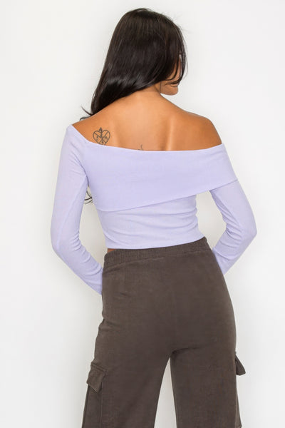 Lilac Ribbed Long Sleeve Crop Top, rear view.