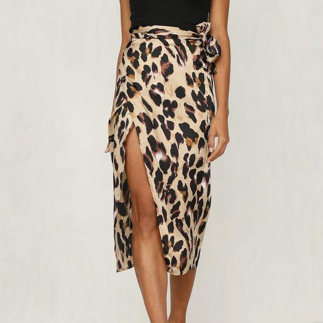 Alluring Long Leopard Print Skirt, Khaki, Lightweight, Leg Split, Waist Bow Tie, front view.