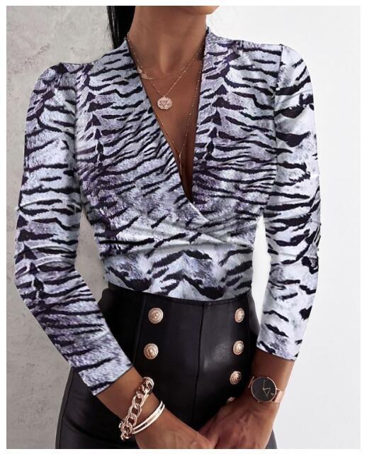 Long Sleeve Tiger Print Blouse front view