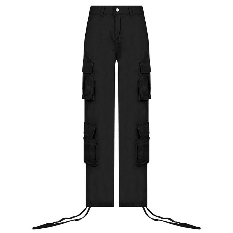 Low Rise Cargo Pants, Black, front view, straight leg, multi pockets, zipper.