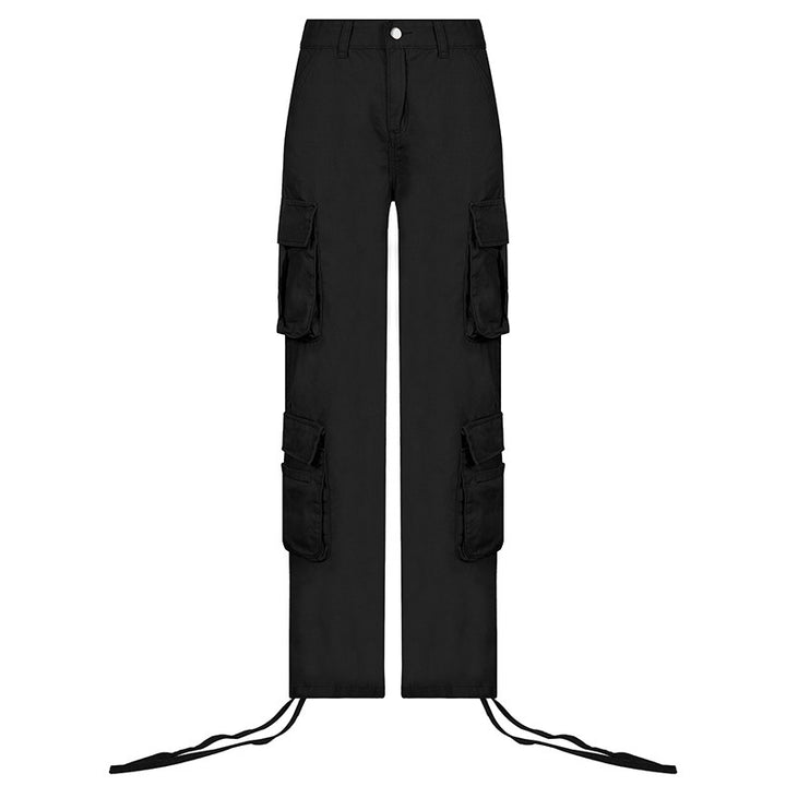 Low Rise Cargo Pants, Black, front view, straight leg, multi pockets, zipper.