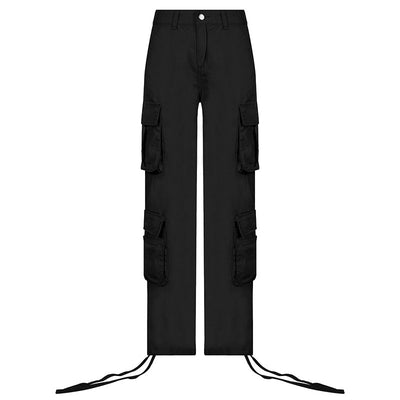 Low Rise Cargo Pants, Black, front view, straight leg, multi pockets, zipper.