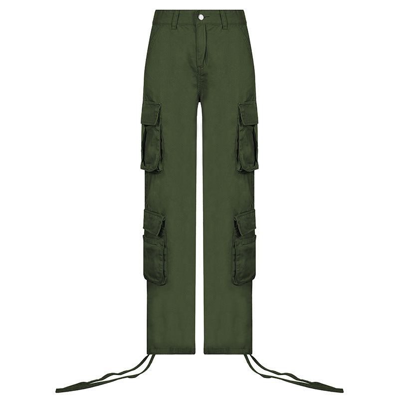 Low Rise Cargo Pants, Dark Green, front view, straight leg, multi pockets, zipper