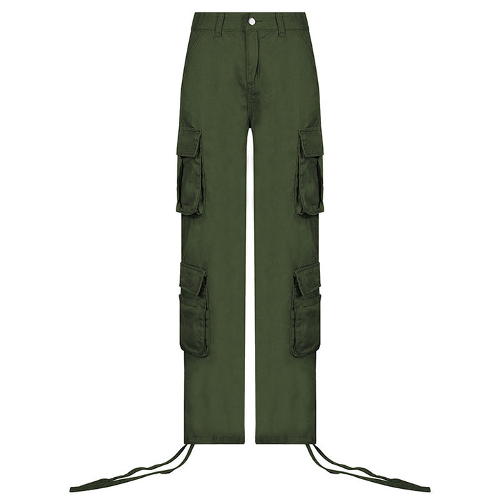 Low Rise Cargo Pants, Dark Green, front view, straight leg, multi pockets, zipper