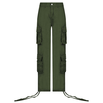 Low Rise Cargo Pants, Dark Green, front view, straight leg, multi pockets, zipper