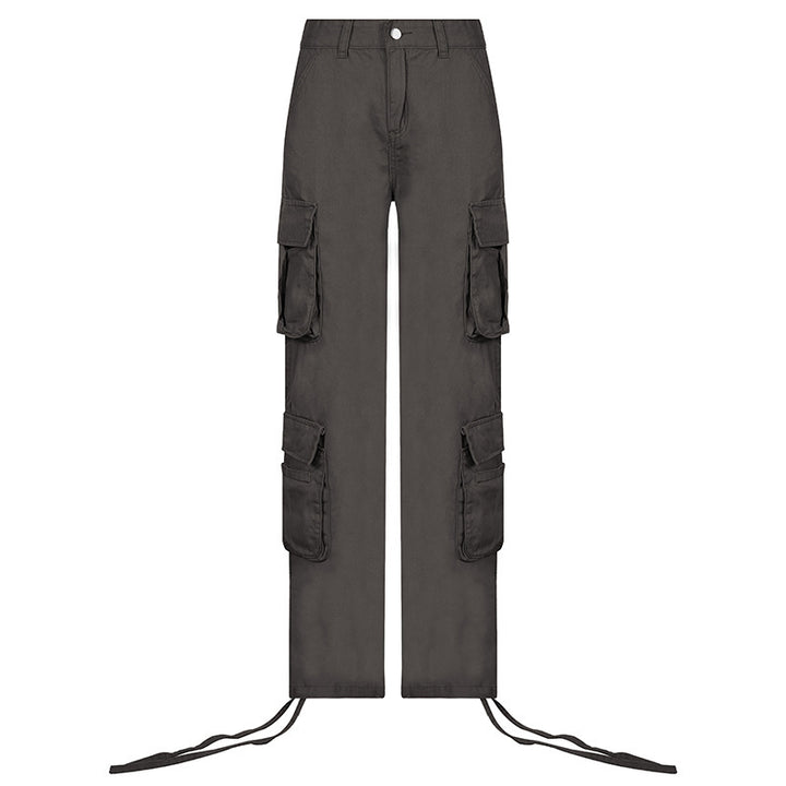 Low Rise Cargo Pants, Grey, front view, straight leg, multi pockets, zipper.