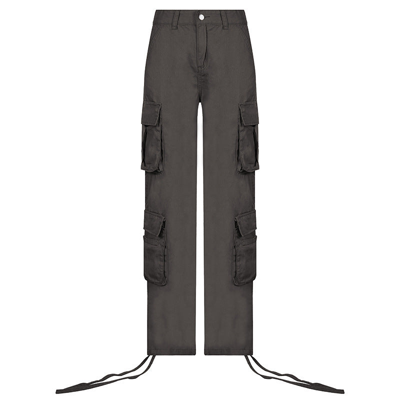 Low Rise Cargo Pants, Grey, front view, straight leg, multi pockets, zipper.