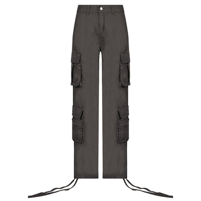 Low Rise Cargo Pants, Grey, front view, straight leg, multi pockets, zipper.