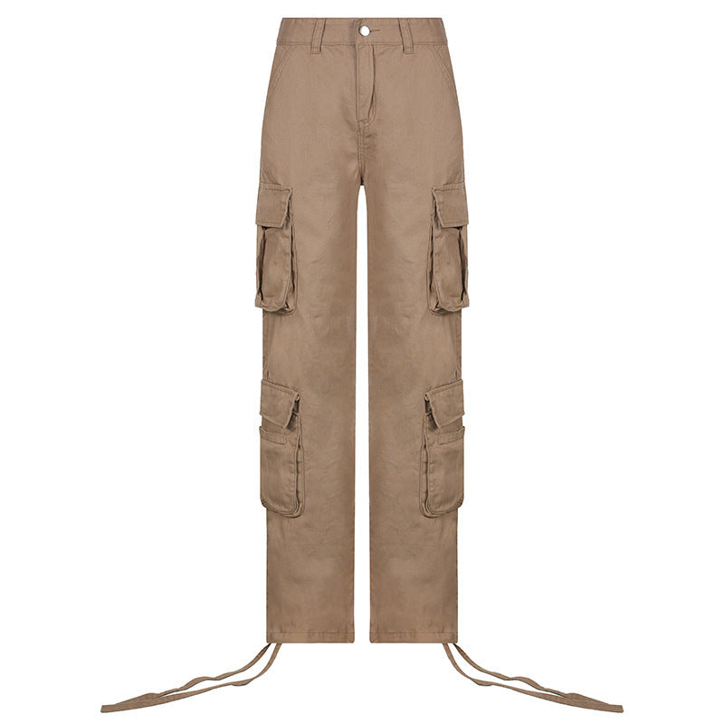 Low Rise Cargo Pants, Khaki, front view, straight leg, multi pockets, zipper.