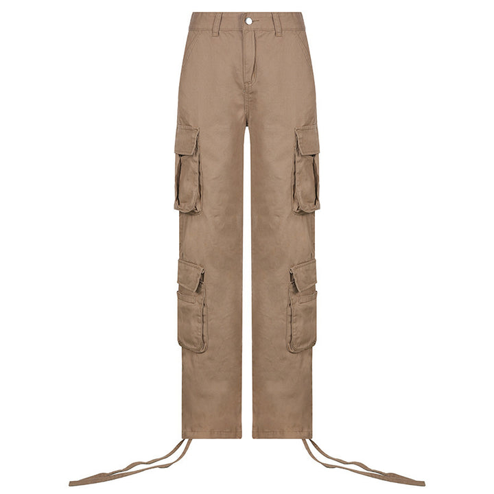 Low Rise Cargo Pants, Khaki, front view, straight leg, multi pockets, zipper.