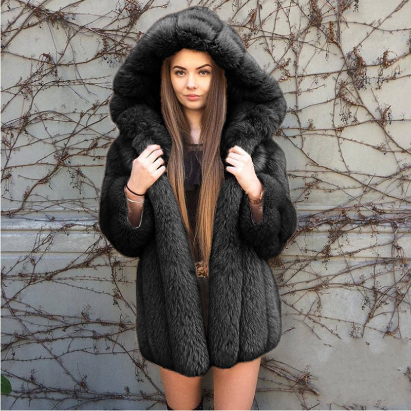 Mid Length Fur Coat Black, Hood, Long Sleeve, Thigh Length.