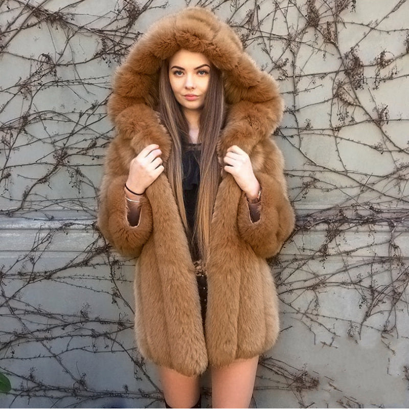 Mid Length Fur Coat Brown, Hood, Long Sleeve, Thigh Length.