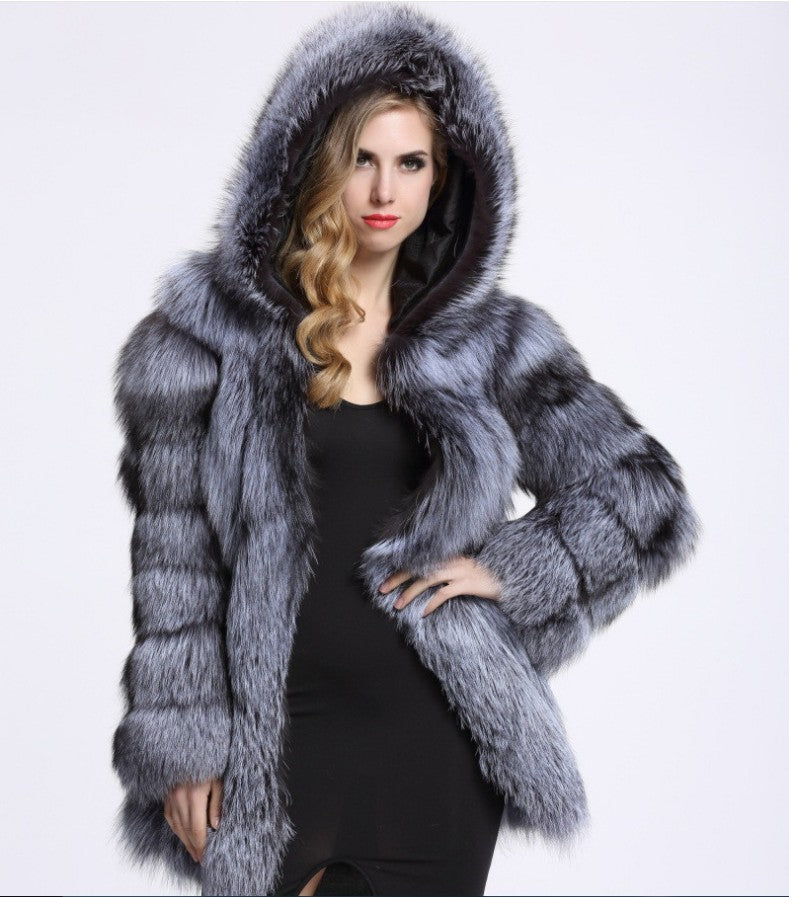 Mid Length Fur Coat Grey, Hood, Long Sleeve, Thigh Length.