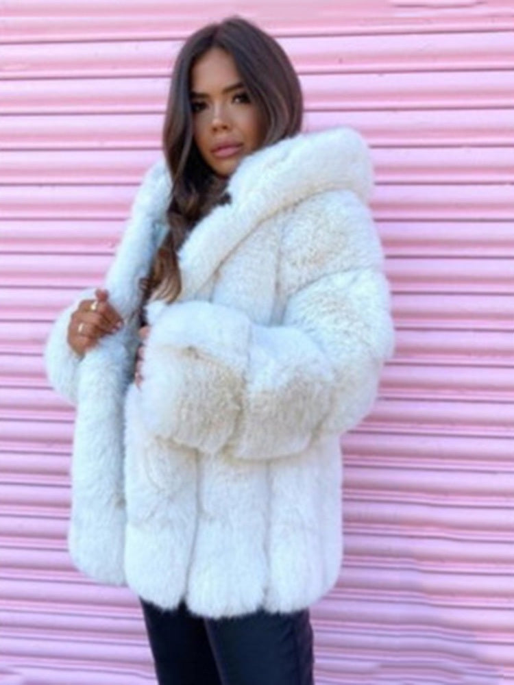 Mid Length Fur Coat White, Hood, Long Sleeve, Thigh Length.