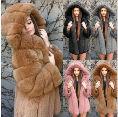 Mid Length Fur Coat Range View, Hood, Long Sleeve, Thigh Length. 