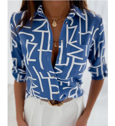 Tres Chic Ladies Shirt Blue Letters