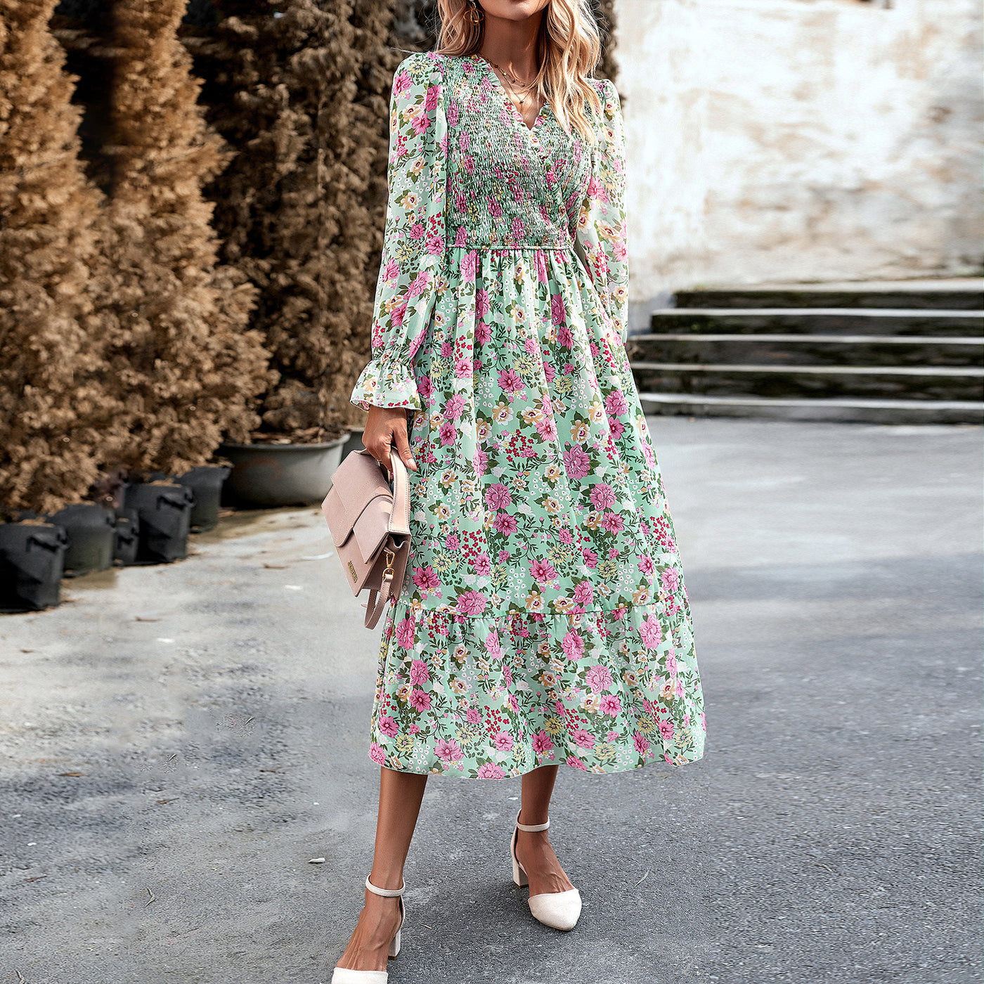 Striking Floral Design Dress Green