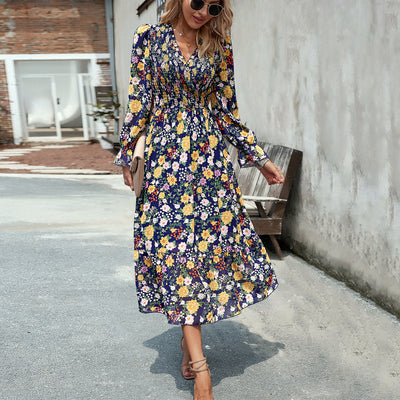 Striking Floral Design Dress Navy Blue